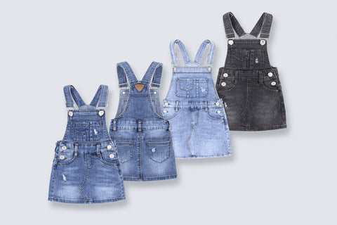 Four denim overalls in different styles on a white background
