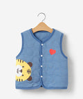 Blue vest with cartoon lion design and red heart on a hanger against a white background