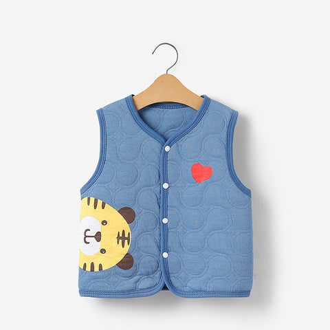 Blue vest with cartoon lion design and red heart on a hanger against a white background