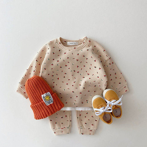 Cotton Waffle Knit Pullover, Beanie and Pants Cozy Style Set