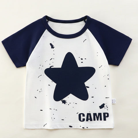 Children's t-shirt with a star design and 'CAMP' text on a hanger against a white background