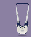 Baby carrier with white mesh and navy straps on a purple background