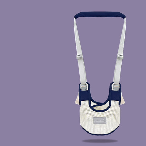 Baby carrier with white mesh and navy straps on a purple background