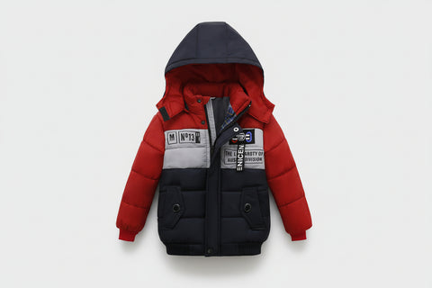 Red and black hooded jacket with visible branding on a white background