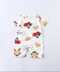 Baby romper with colorful animal prints on a light gray background