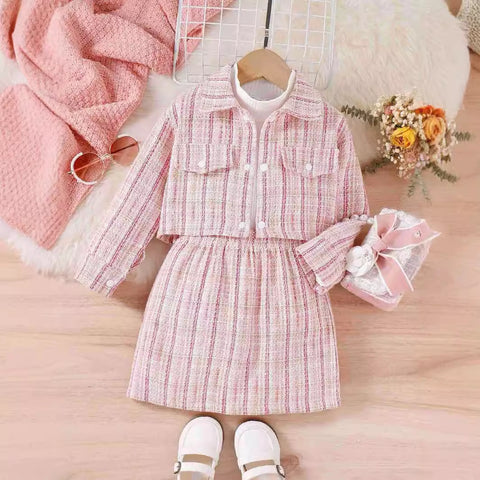 Elegant Tweed Jacket, Ribbed Pullover and Skirt Set