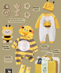 Little Bee gift box set with various baby items on a beige background