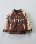 Children's brown and beige varsity jacket with text on a hanger against a neutral background