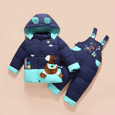 Horse Embroidered Puffer Jacket and Overalls Set