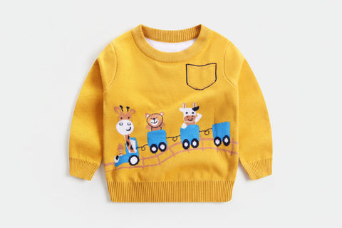 Cotton Sweater with Cartoon Train Motif