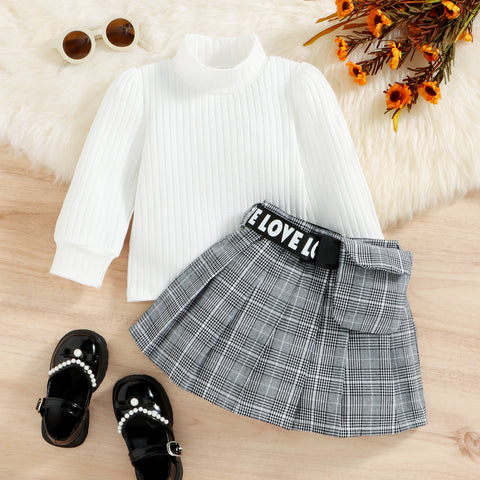 Cozy Ribbed Knit Turtleneck Pullover and Plaid Skirt Set