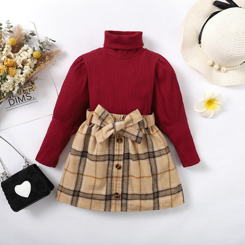 Turtleneck Pullover and Plaid Skirt with Bow Belt Set
