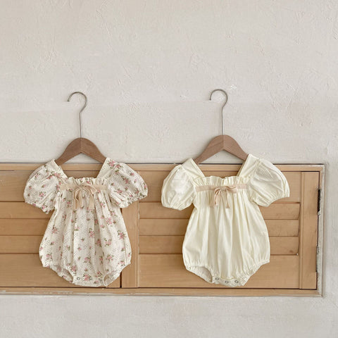 Puff Sleeves Cotton Romper with Bow