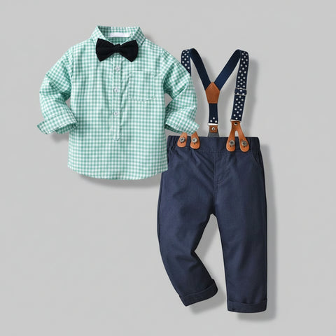Elegant Plaid Shirt, Suspender Pants and Bow Tie Set