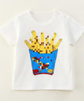 White t-shirt with pixelated French fries design on a hanger against a white background