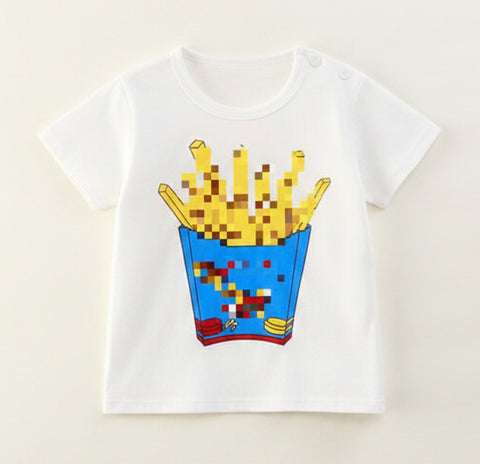 White t-shirt with pixelated French fries design on a hanger against a white background