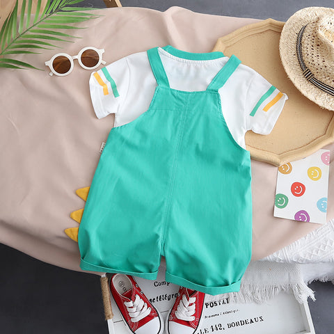 Fun Graphic Cotton T-Shirt and Suspender Shorts Set