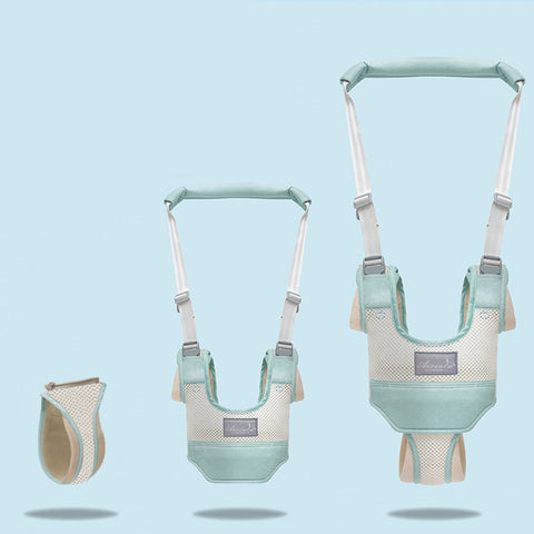 Baby walking harness with adjustable straps on a light blue background