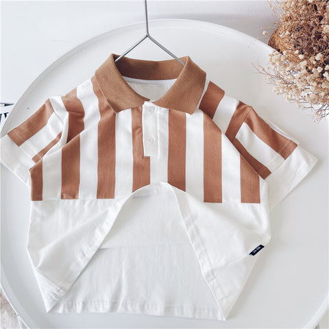 White shirt with brown striped collar on a white background