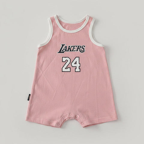 Child wearing a pink Lakers romper with a cap, surrounded by smaller images of the romper in different colors.
