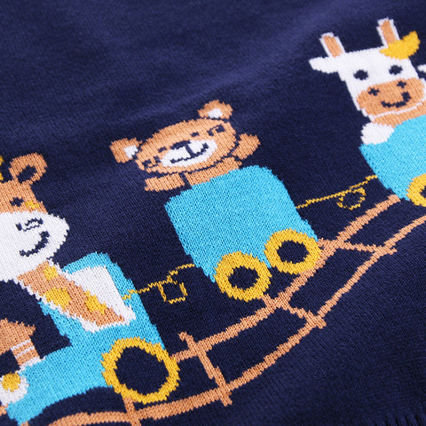 Cotton Sweater with Cartoon Train Motif