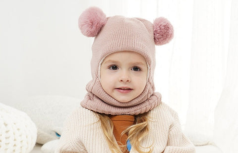 Fleece-Lined Hat with Pom Pom Ears