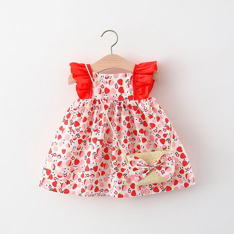 Floral Cotton Dress with Ruffle Straps and Bow Bag
