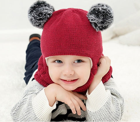 Fleece-Lined Hat with Pom Pom Ears