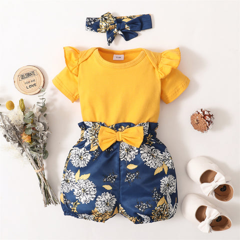 Soft Cotton Ruffle Romper, Floral Shorts and matching Headband