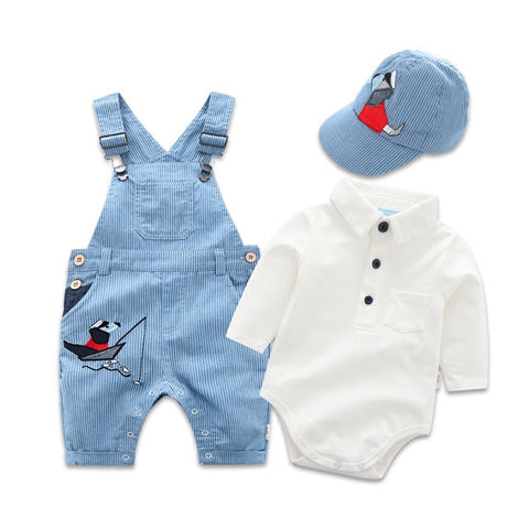 Adorable Polo Bodysuit, Denim Overall and Cap Set