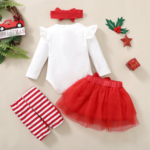 Adorable Christmas romper, tutu skirt, leg warmers and bow headband Set