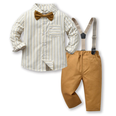 Gentleman Plaid Shirt, Suspender Pants and Bow Tie Set