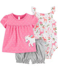 Children's clothing set with pink top, gray shorts, and floral romper with unicorn design on a white background.