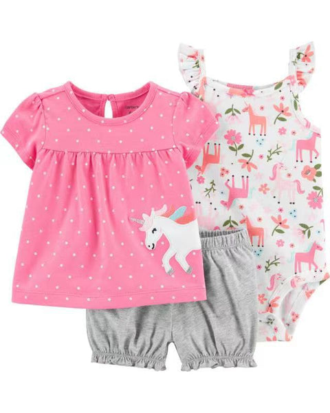 Children's clothing set with pink top, gray shorts, and floral romper with unicorn design on a white background.