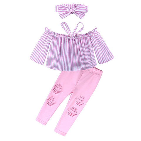 Striped Top, Ripped Pants & Bow Headband Set