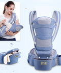 Baby carrier with a woman holding a baby, showing different angles of the carrier.