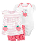 Baby outfit set with dress, romper, and onesie featuring strawberry designs on a white background.