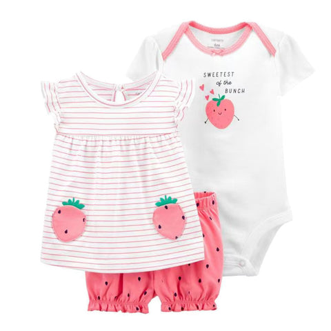 Baby outfit set with dress, romper, and onesie featuring strawberry designs on a white background.