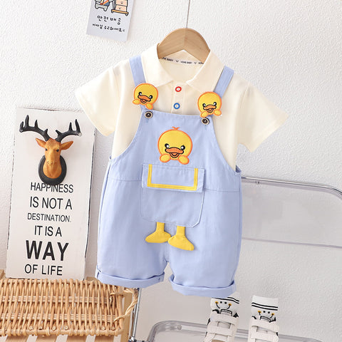 Duck Embroidered Overalls and Polo Shirt Set
