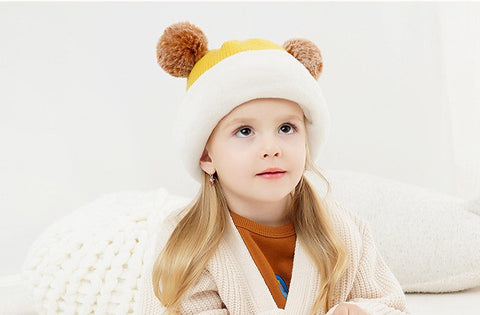 Fleece-Lined Hat with Pom Pom Ears