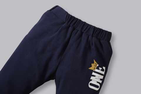 Navy blue shorts with 'ONE' and crown logo on a white background