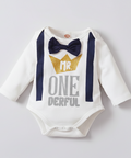 Baby outfit with bow tie, suspenders, and 'Mr. One Derful' text on a white background