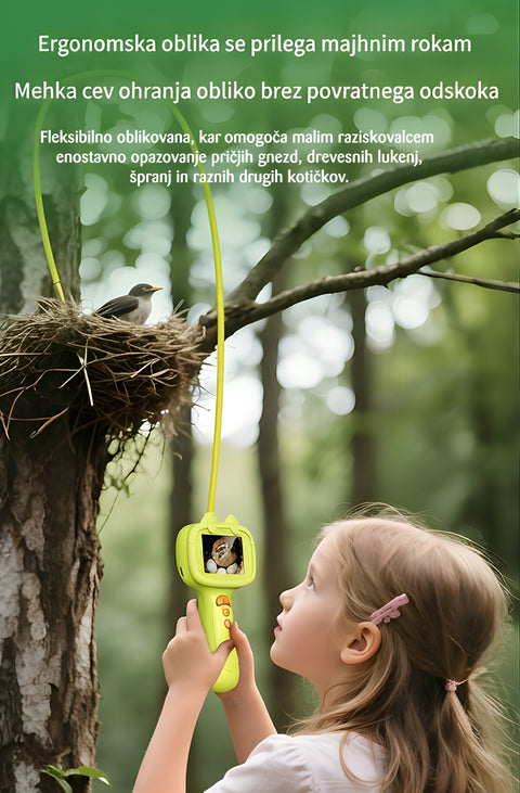 Child observing a bird's nest with a camera attached to a tree branch, surrounded by nature.