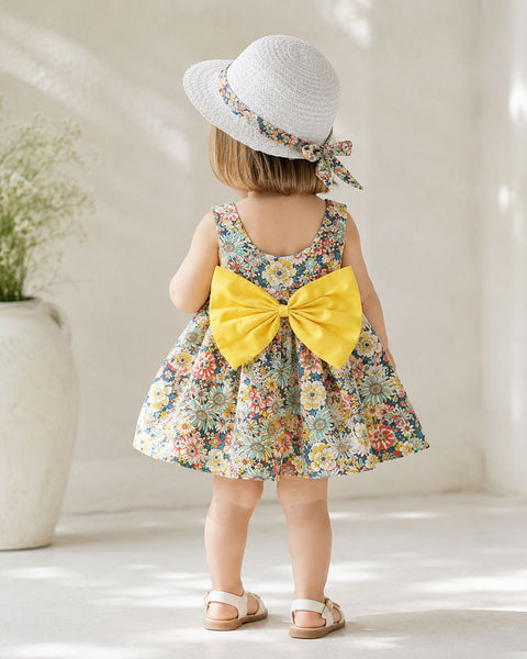 Floral Cotton Dress with Yellow Bow and Sun Hat