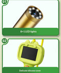 Product details of a device with 8+1 LED lights and a green silicone cover on a beige background.