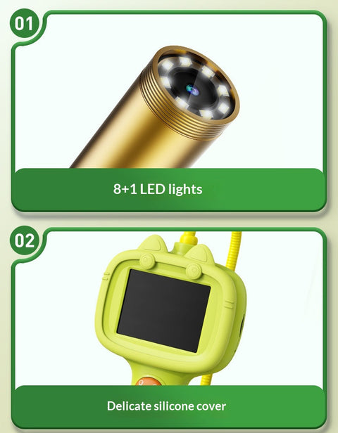 Product details of a device with 8+1 LED lights and a green silicone cover on a beige background.