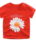 Red t-shirt with a white daisy graphic and text on a white background
