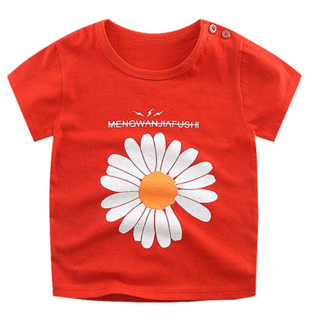 Red t-shirt with a white daisy graphic and text on a white background