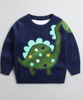 Navy blue sweater with a green dinosaur design on a white background