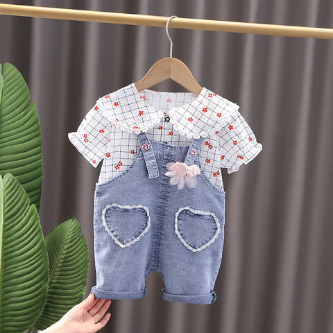 Shirt and Suspender Shorts Heart Pocket Set